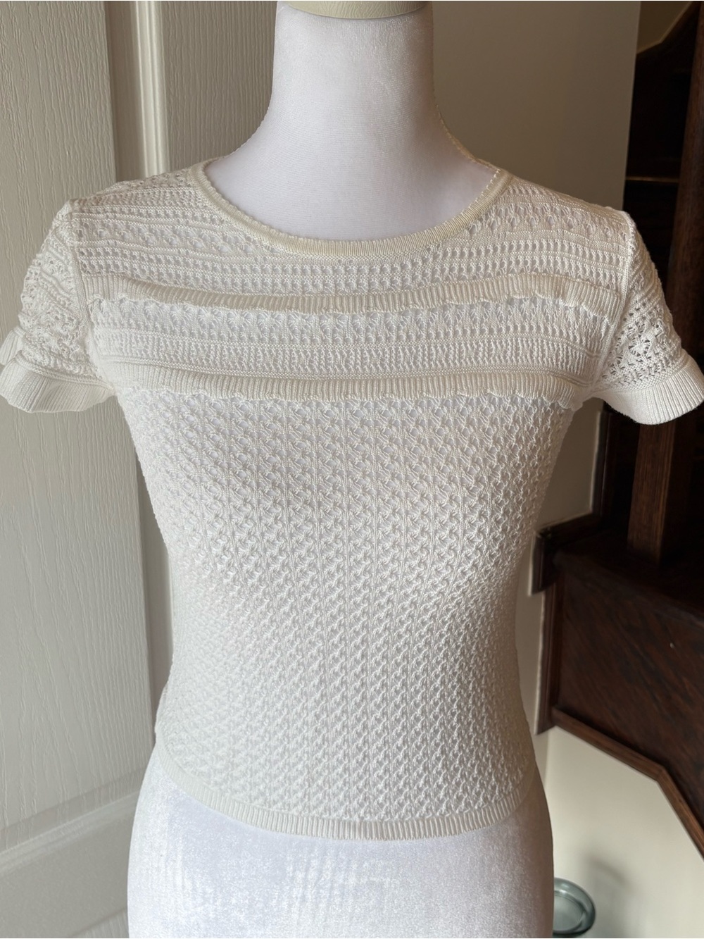 Vintage Forever 21 Cream Knit Short Sleeve Ruffled Top
